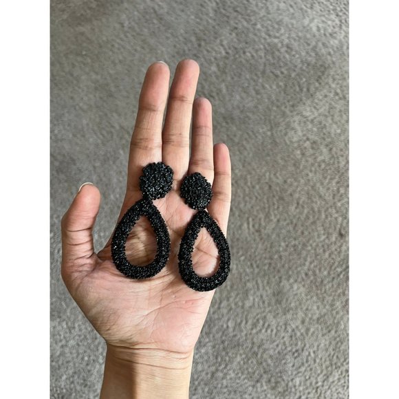 Big Black Earring teardrop metal statement bold chunky Pierced Pageant textured - Picture 4 of 8